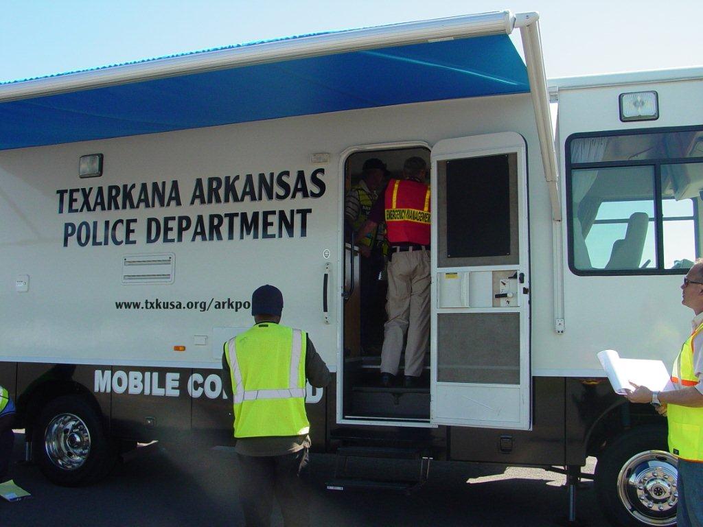 Close up of the moving police command center.